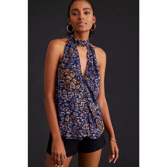 NWT By Anthropologie Sleeveless Halter Tank Leopard Print Size L Retail $98 - Picture 1 of 12